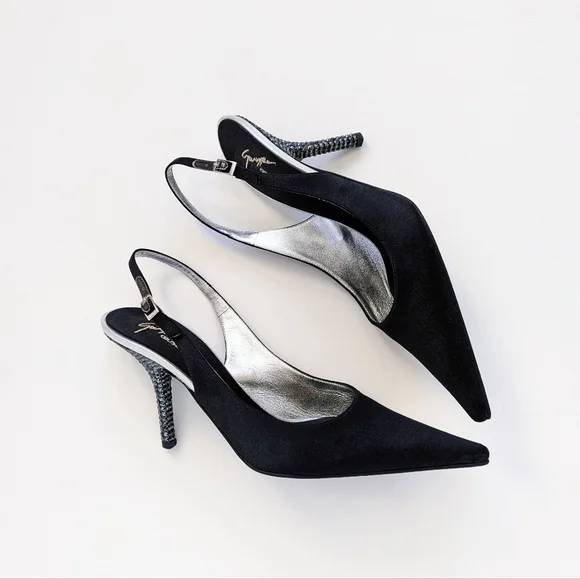 Giuseppe Zanotti Black Crystal Embellished Satin Slingback Pumps - Picture 1 of 16